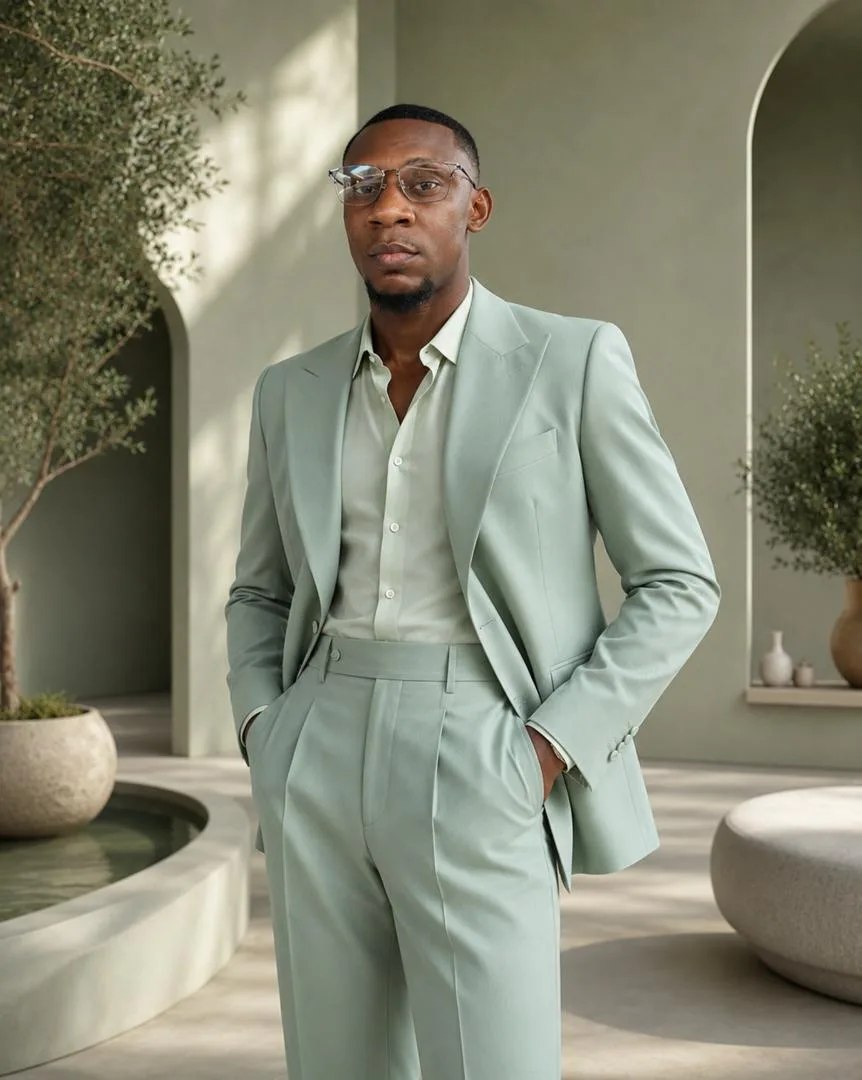 j BOLD in a mint suit, full-length portrait