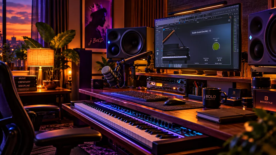 A recording studio at dusk: a backlit MIDI keyboard, a broadcast microphone on a boom arm, studio monitors and a music production session on screen, with a city sunset through the window.
